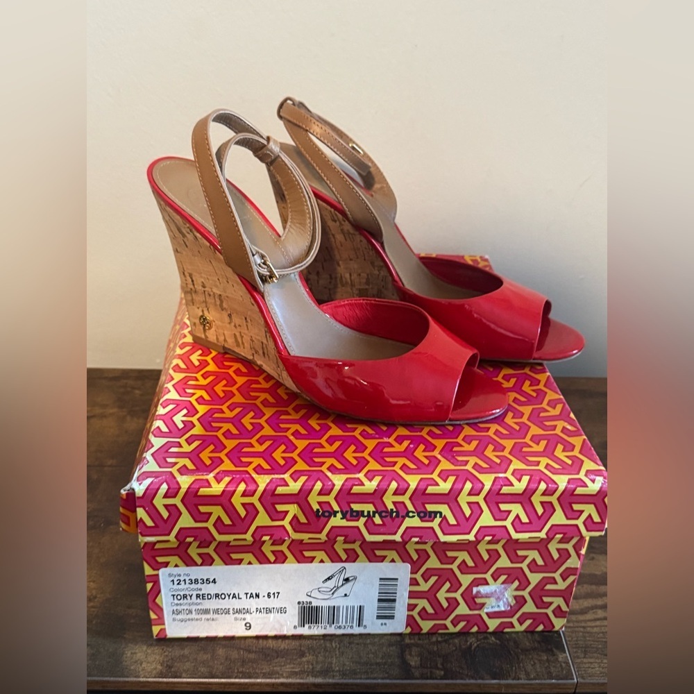 Tory Burch Red and Tan Peep-Toe Wedges